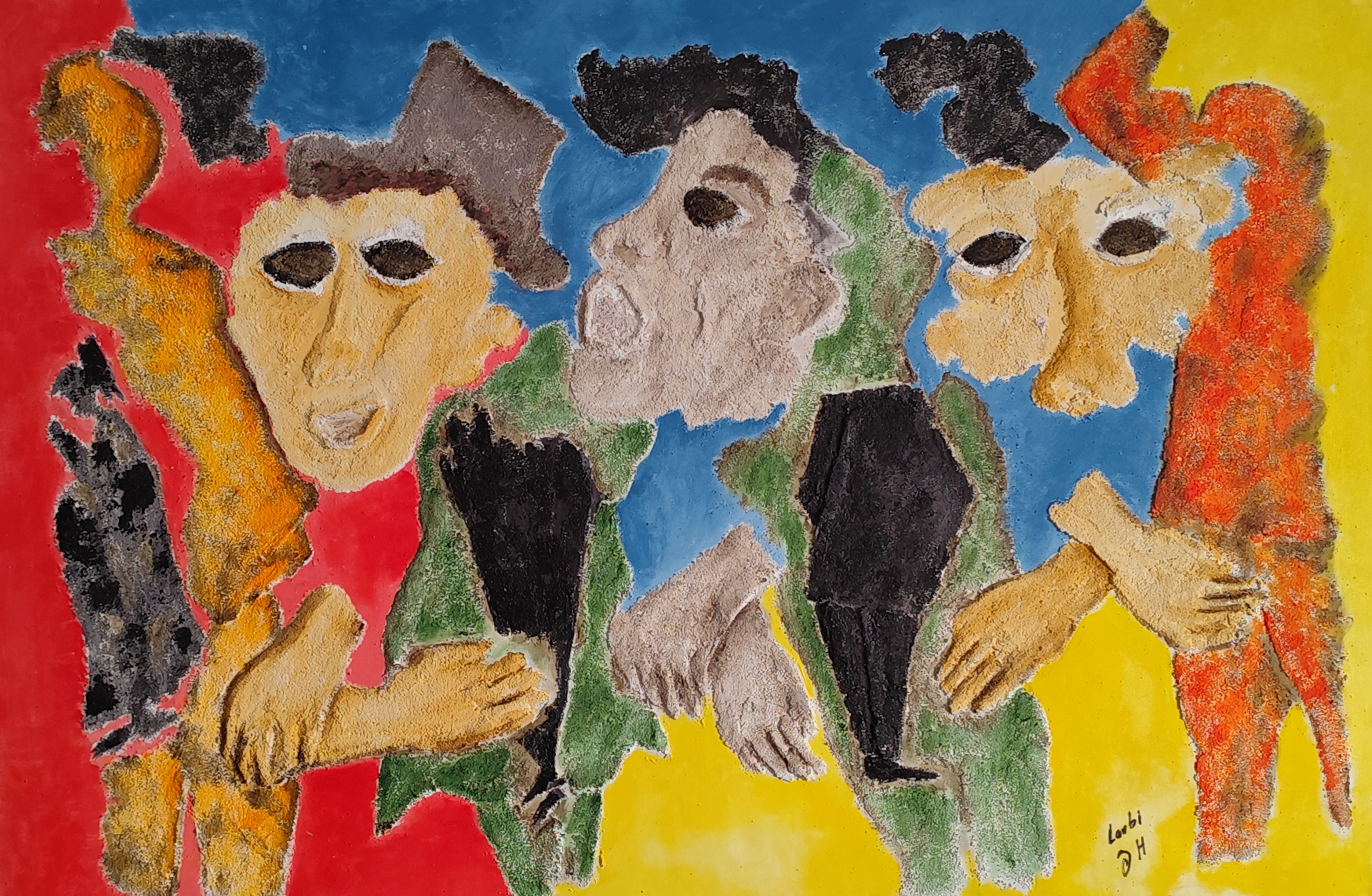 Textured figurative painting in green and gold tones